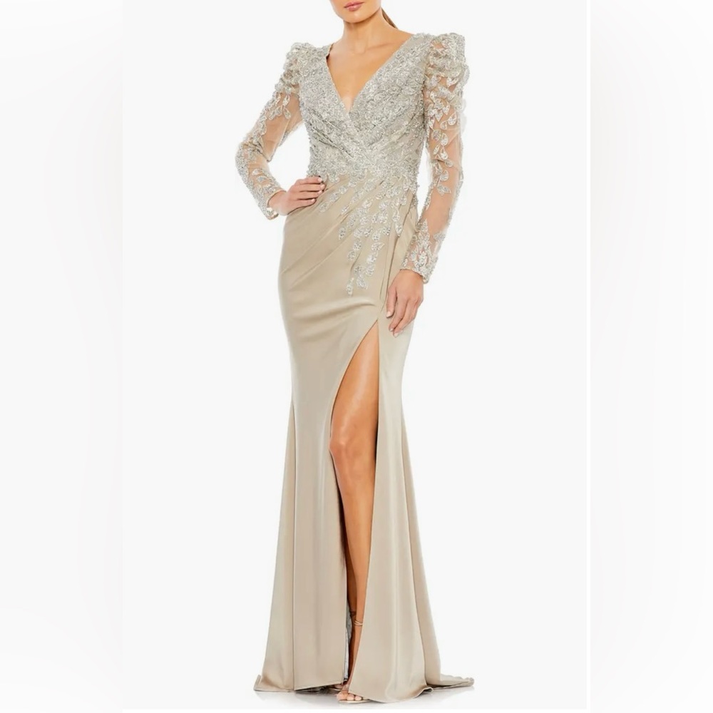 Mac Duggal-Embellished Long Sleeve Faux Wrap Gown Size 10 (Mother of the Bride)